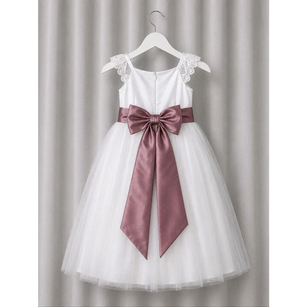 David's Bridal White Layered Tulle Back Bow Flower Girl Communion Party Dress - Picture 2 of 12